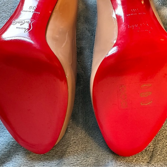 100% Authentic Christian Louboutin NO Matter 85 Peep Toe Pump Nude Patent - Picture 9 of 11